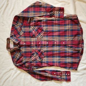 VINTAGE Key Saddle King Western Men's Shirt Pearl Snap Long-sleeve Red Tan Plaid